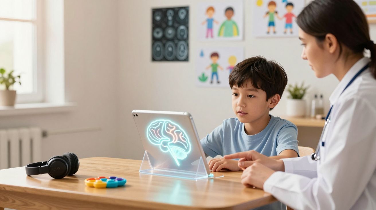 Menino sentado em consulta com médica, observando imagem digital de cérebro transmitida por tablet em consultório.