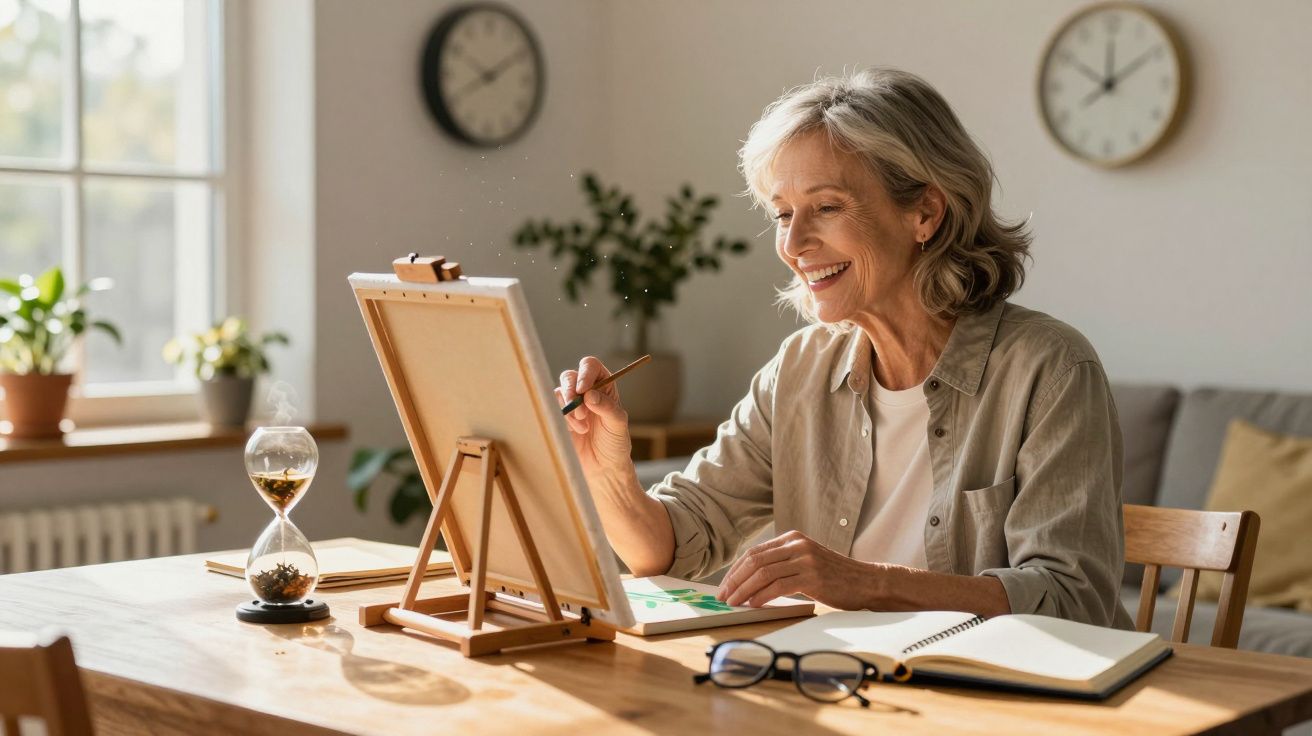 Mulher sorrindo pinta em cavalete na mesa com relógios e plantas ao fundo.