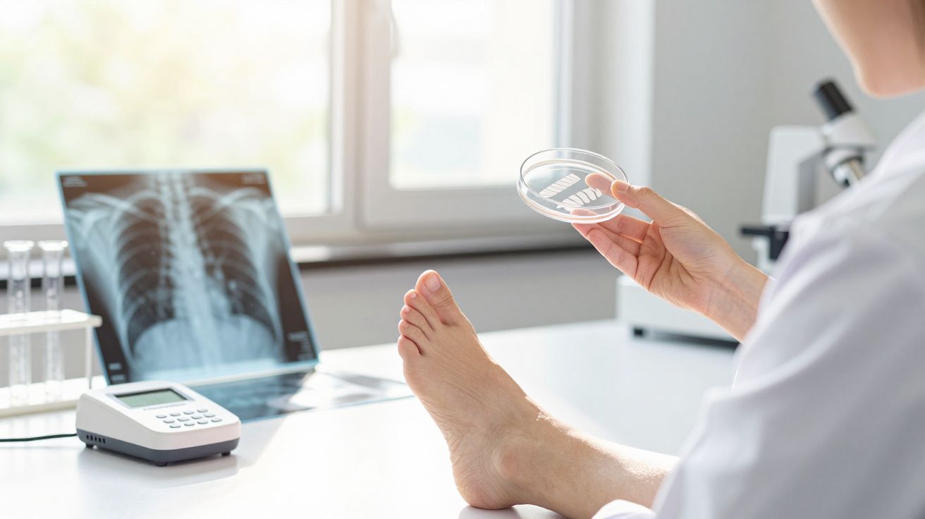 Médico segurando placa de unhas e examinando pé descalço em ambiente clínico com raio-x ao fundo.