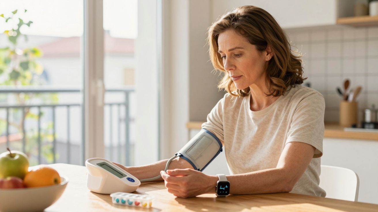 Mulher usando aparelho para medir pressão arterial sentado à mesa em cozinha iluminada.