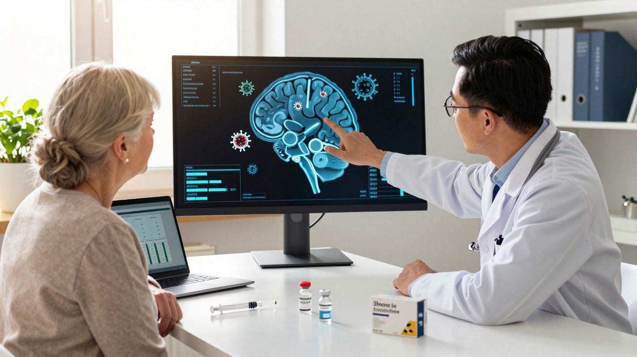 Médico explica imagem digital de cérebro para idosa em consultório com medicamentos e laptop na mesa.