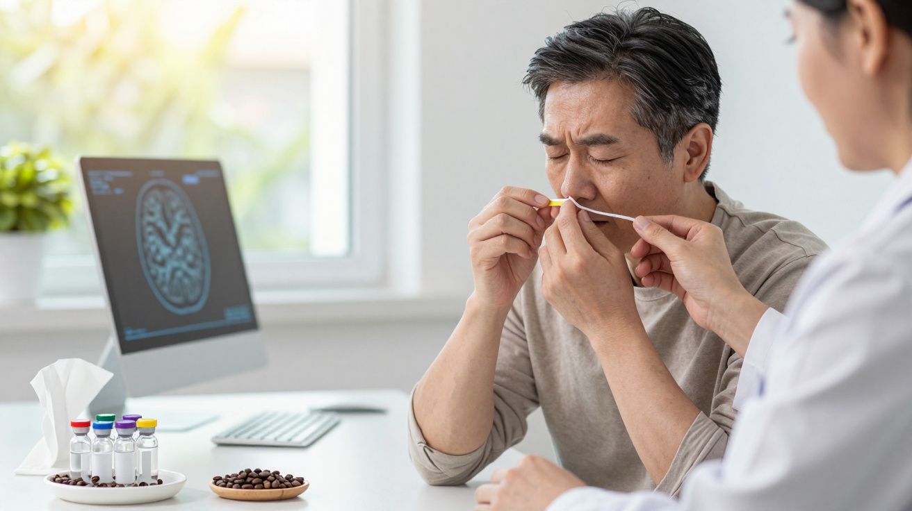 Paciente faz teste de olfato com profissional de saúde em consultório com exame cerebral no computador.