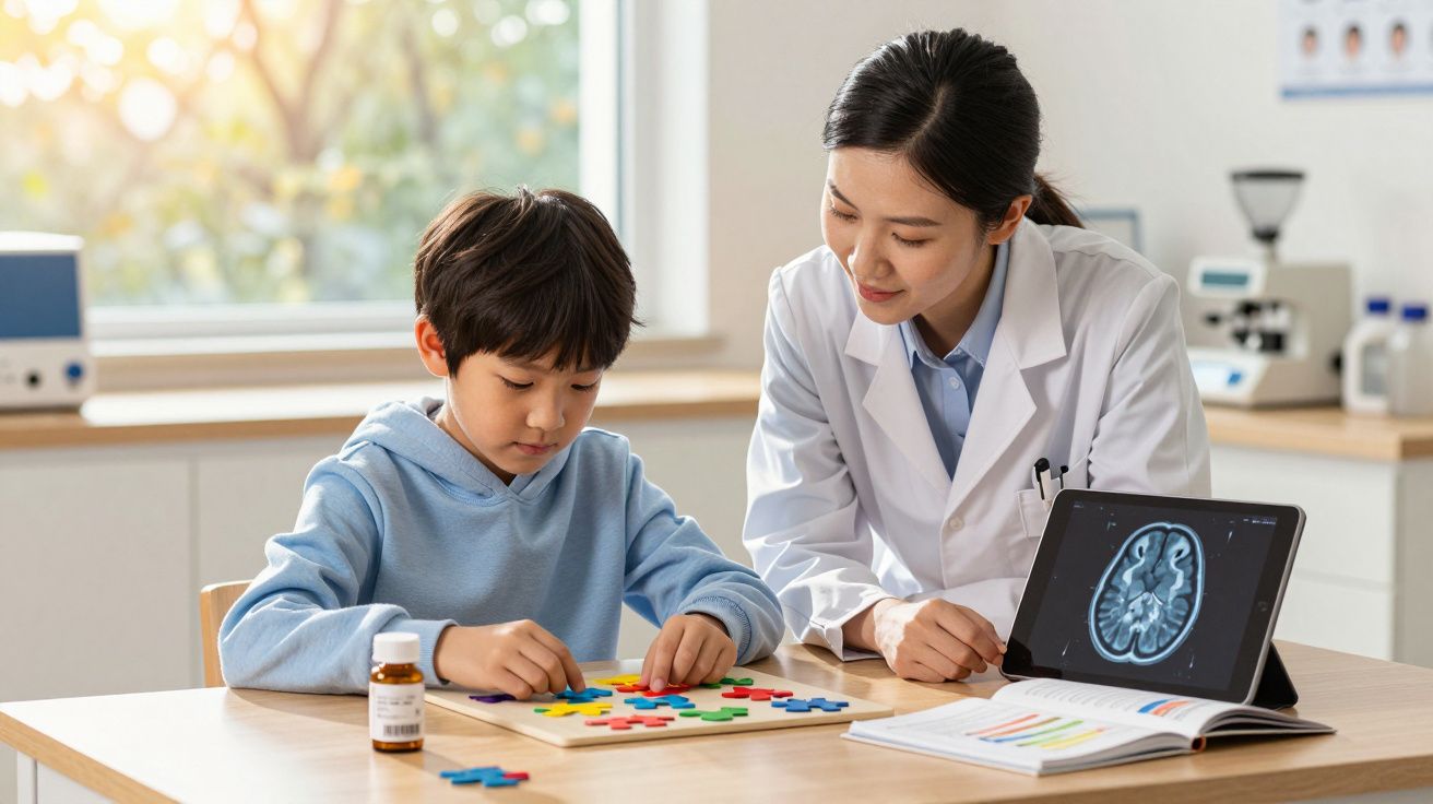 Criança brincando com peças coloridas enquanto médica observa, com imagem de exame cerebral no tablet.