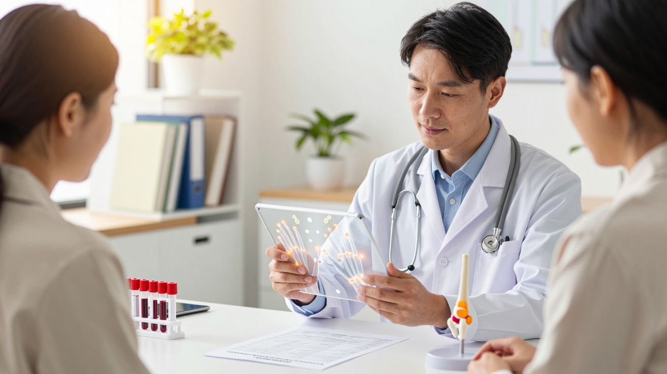 Médico mostrando exame digital para duas pacientes em consultório com tubos de sangue na mesa.