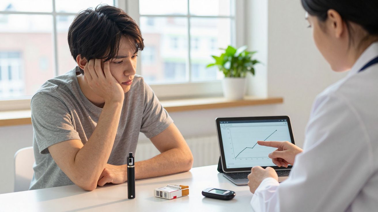 Paciente observando gráfico mostrado por médico em consulta, com produtos de tabaco e vaporizador na mesa.