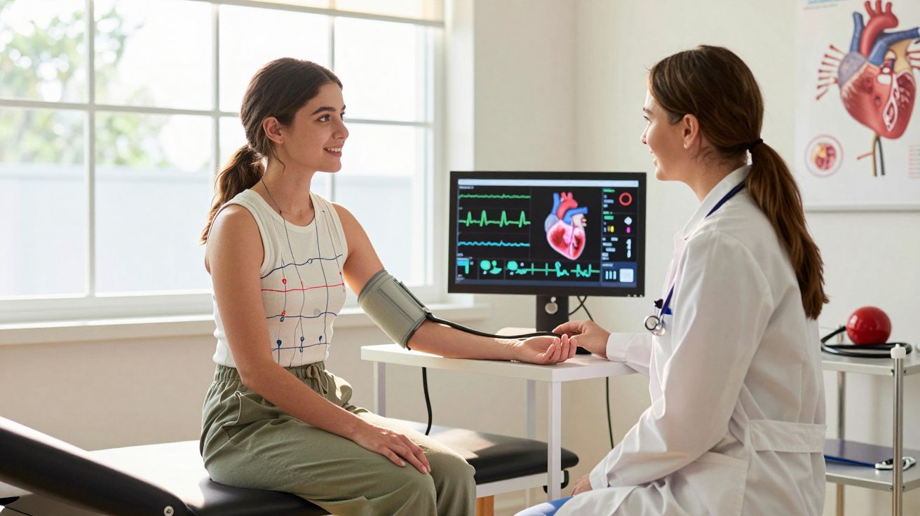 Paciente jovem tendo pressão arterial medida por médica em consultório cardiológico.