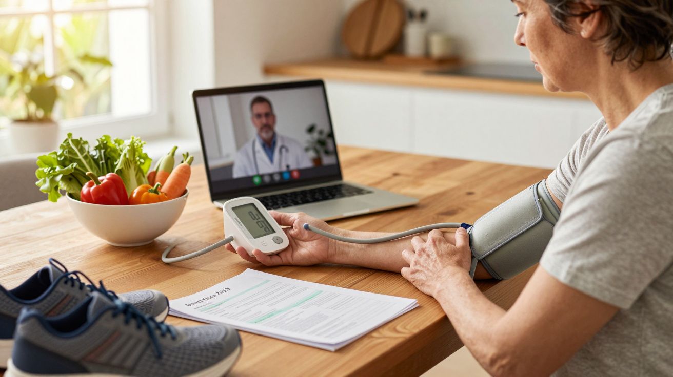 Pessoa medindo pressão arterial em consulta online com médico, com frutas e legumes e tênis na mesa.