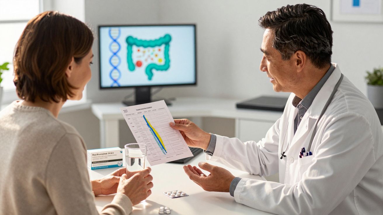 Médico consulta paciente mostrando gráfico, com imagem de intestino em monitor ao fundo.