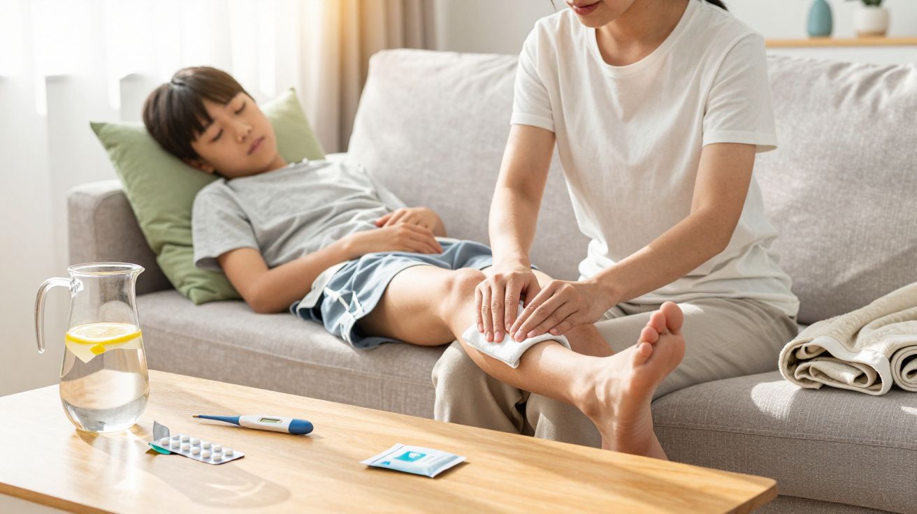 Criança deitada no sofá com mãe cuidando do pé e remédios em mesa próxima.