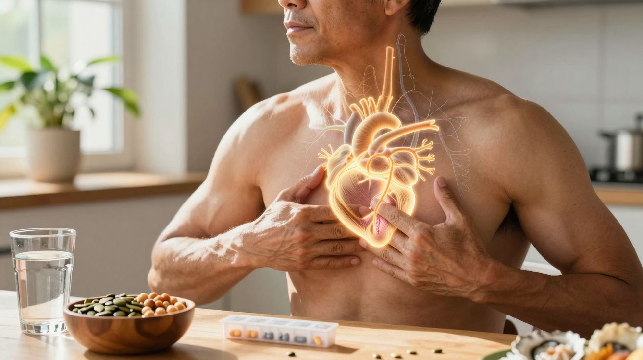 Homem segurando o peito com ilustração do coração, remédios e alimentos saudáveis na mesa.