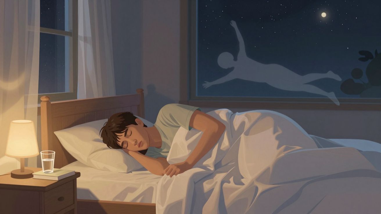 Jovem dormindo em cama, com figura flutuante refletida na janela no céu estrelado à noite.