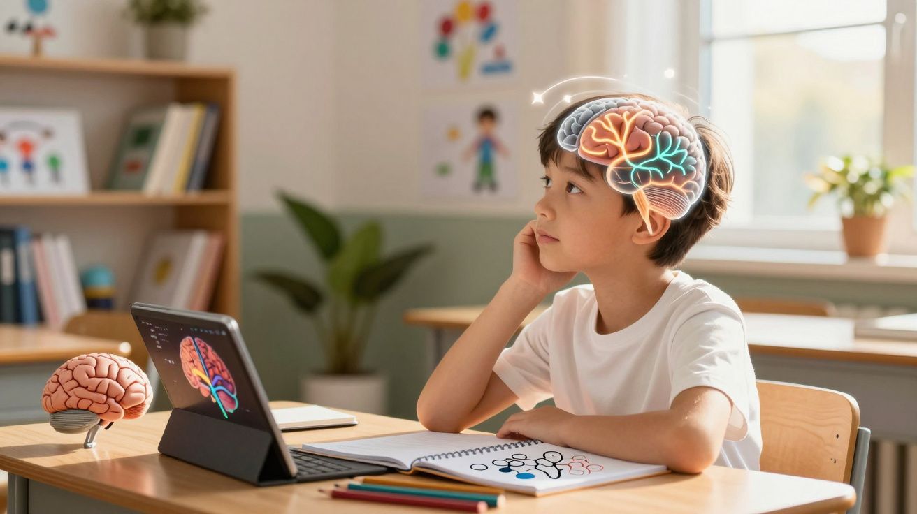 Criança sentada em sala de aula, olhando pensativa, com ilustração do cérebro sobre a cabeça.
