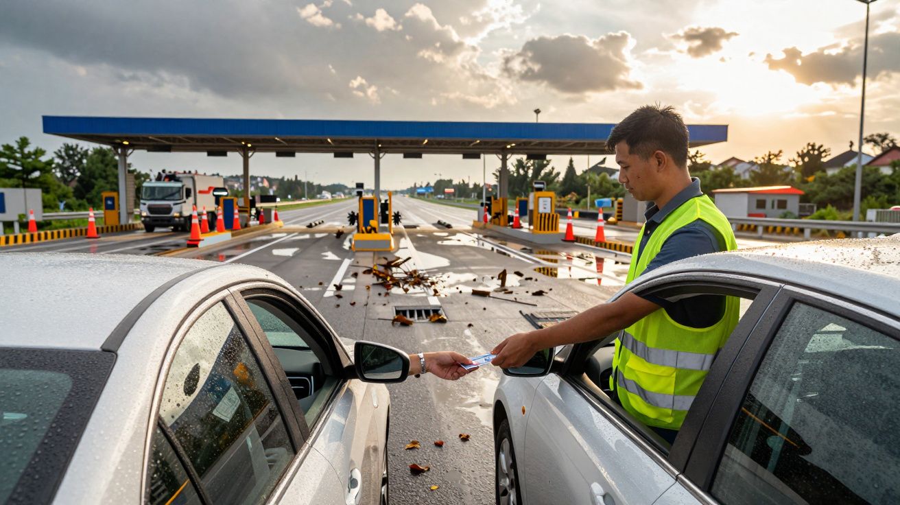 Homem de colete refletivo recebe cartão de motorista em pedágio sob céu nublado.