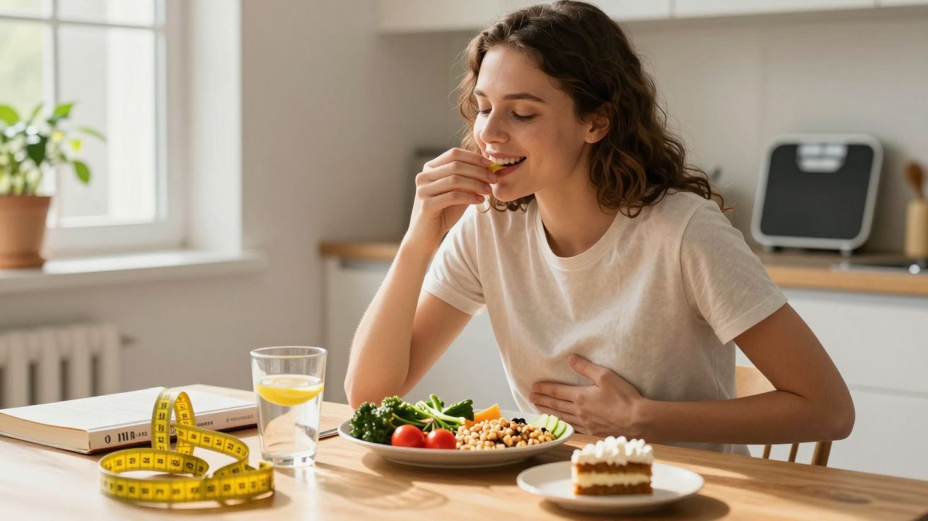 Mulher sorrindo enquanto come salada saudável em cozinha, com fita métrica e copo de água na mesa.