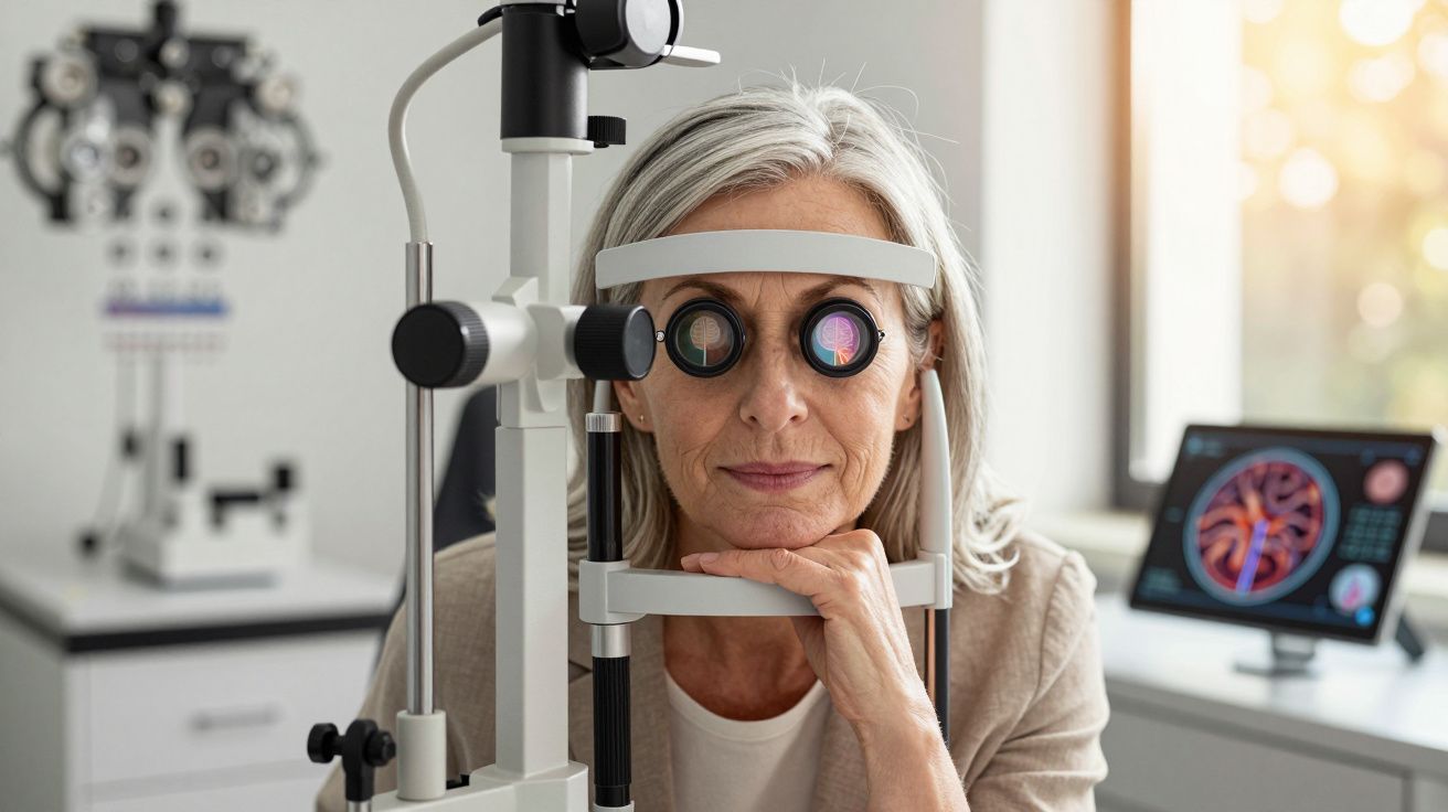 Mulher madura passando por exame de visão com equipamento oftalmológico em clínica médica.