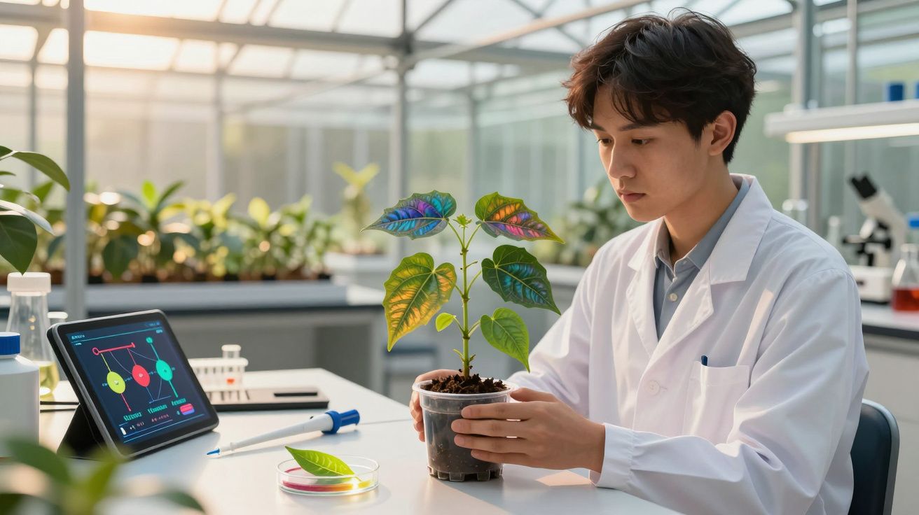 Jovem cientista em laboratório observando planta colorida em vaso enquanto mede dados no tablet.