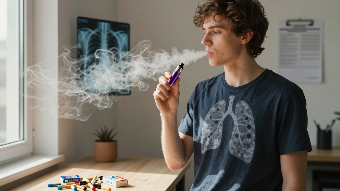 Jovem usando vaporizador com fumaça saindo, camiseta com estampa de pulmões, raio-x pulmonar ao fundo.