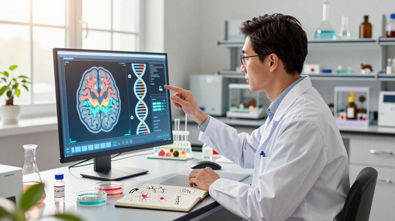 Cientista em laboratório analisando imagens do cérebro e DNA em monitor de computador.