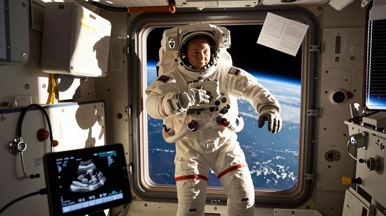 Astronauta em traje espacial dentro de espaçonave, com a Terra visível pela janela ao fundo.