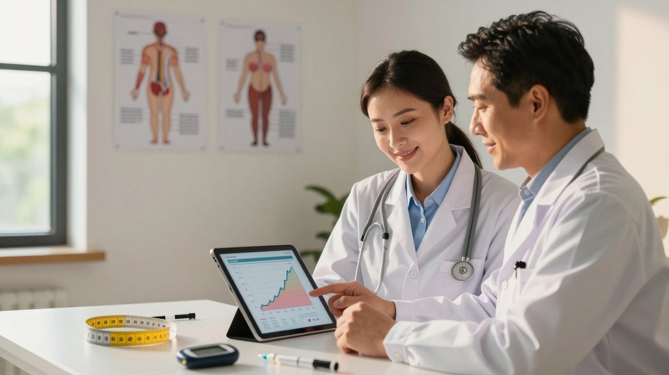 Dois médicos consultando gráfico de crescimento em tablet em consultório com equipamentos médicos.