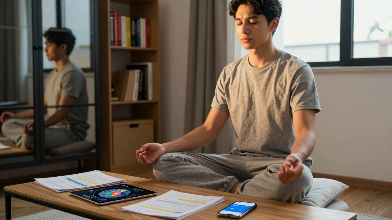 Homem sentado de pernas cruzadas meditando em sala, com documentos e dispositivos eletrônicos à sua frente.