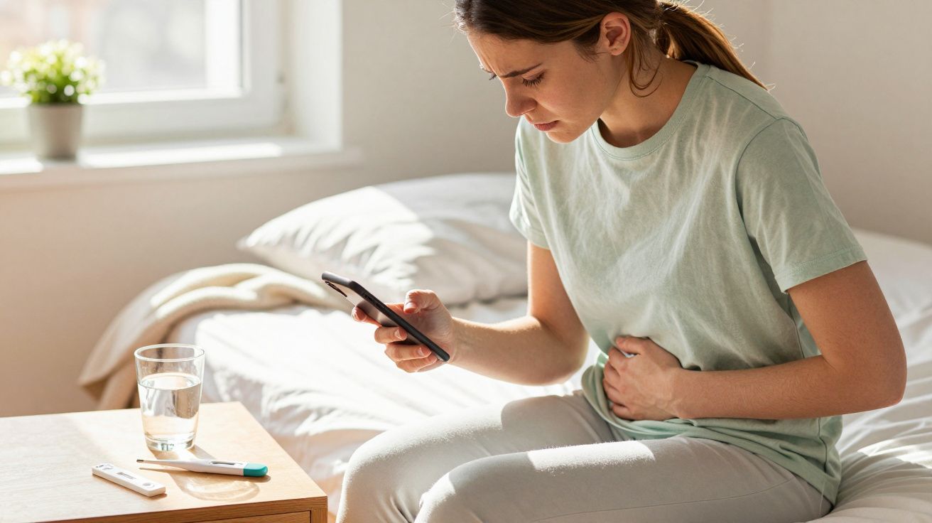Mulher sentada na cama com dor abdominal, olhando preocupada para o celular, próximo a teste de gravidez e copo d'água.