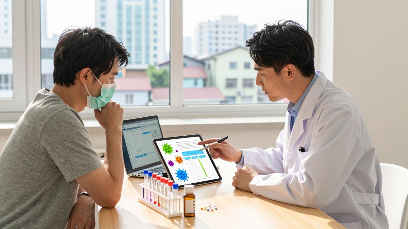 Paciente de máscara consulta médico que explica exame de vírus em tablet, com laptop e medicamentos na mesa.