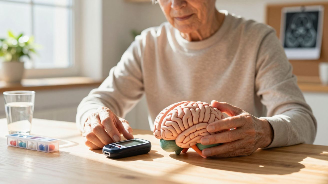 Idoso segurando modelo de cérebro e aparelho medidor de glicose em mesa com remédios e copo d'água.