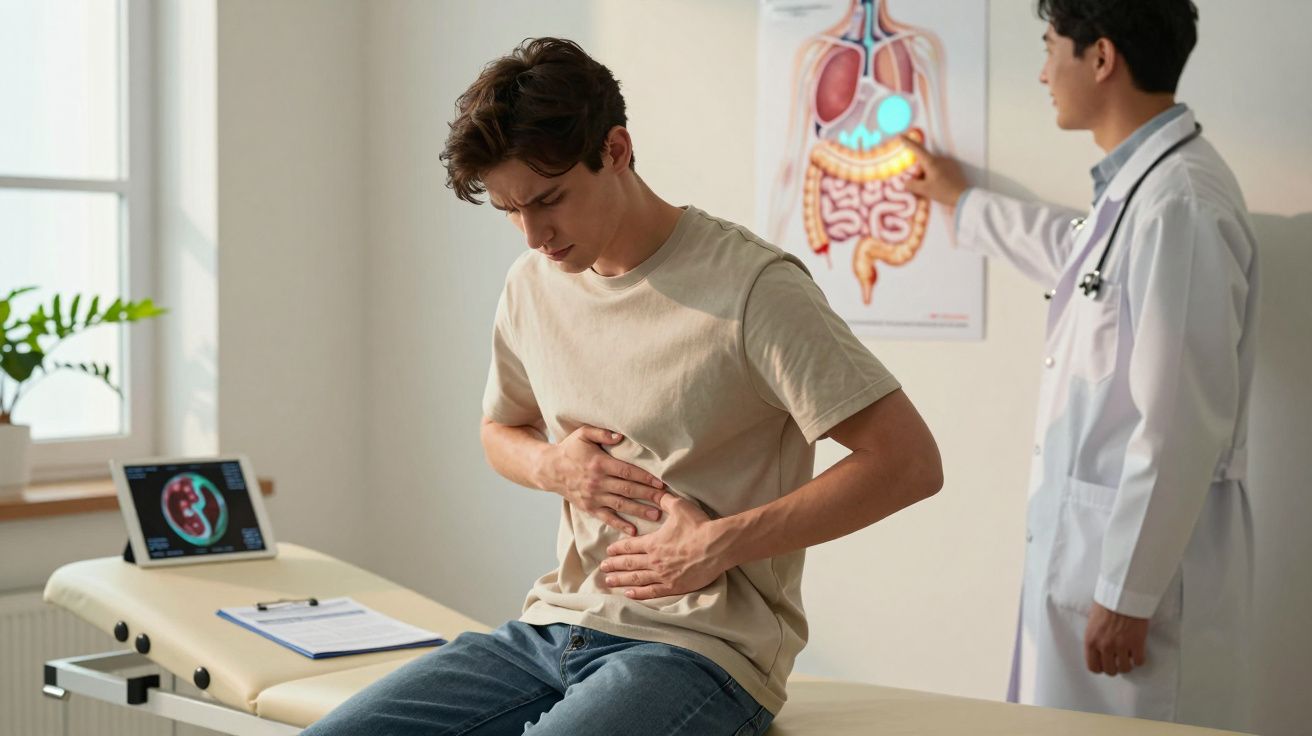 Paciente jovem com dor abdominal segura o estômago em consulta médica com doutor explicando anatomia.
