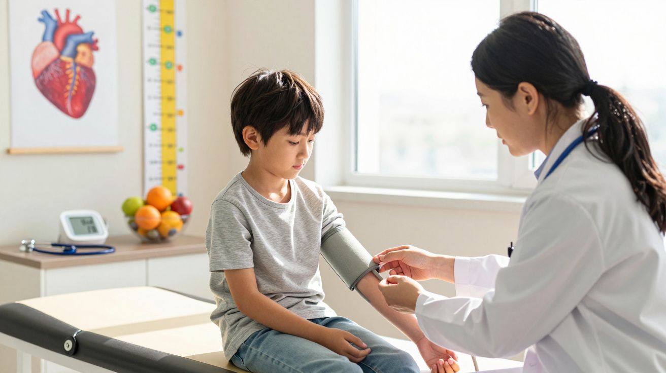 Médica medindo a pressão arterial de menino sentado em maca em consultório com decoração de frutas e coração.