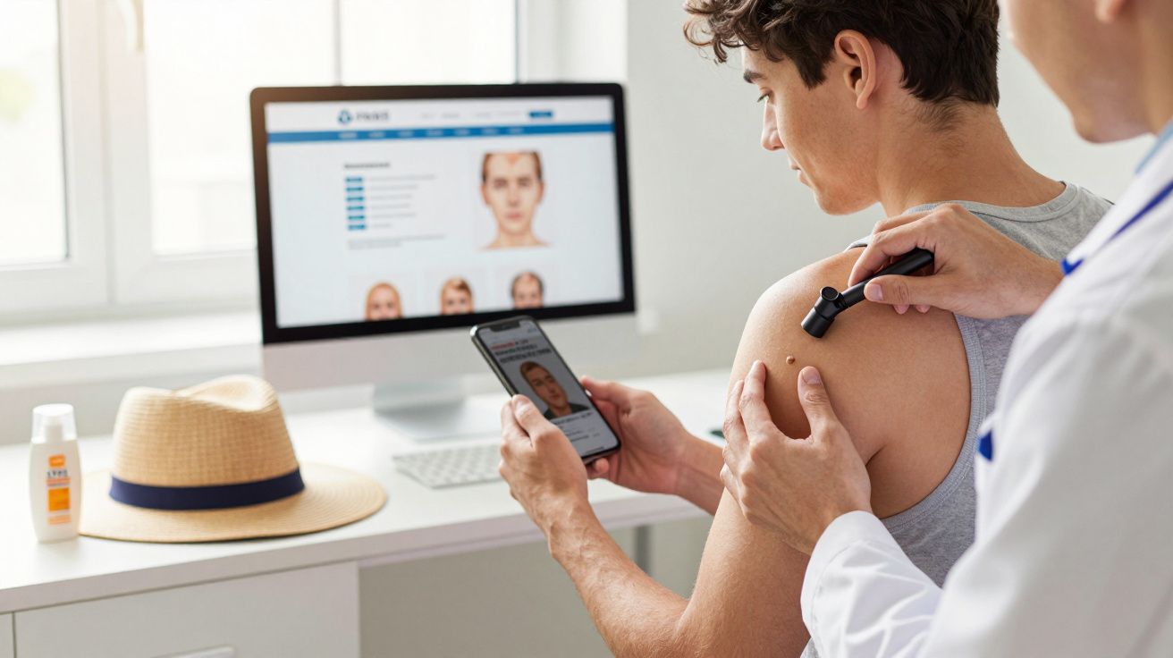 Paciente com sinal na pele sendo examinado por dermatologista usando dermatoscópio em consultório moderno.