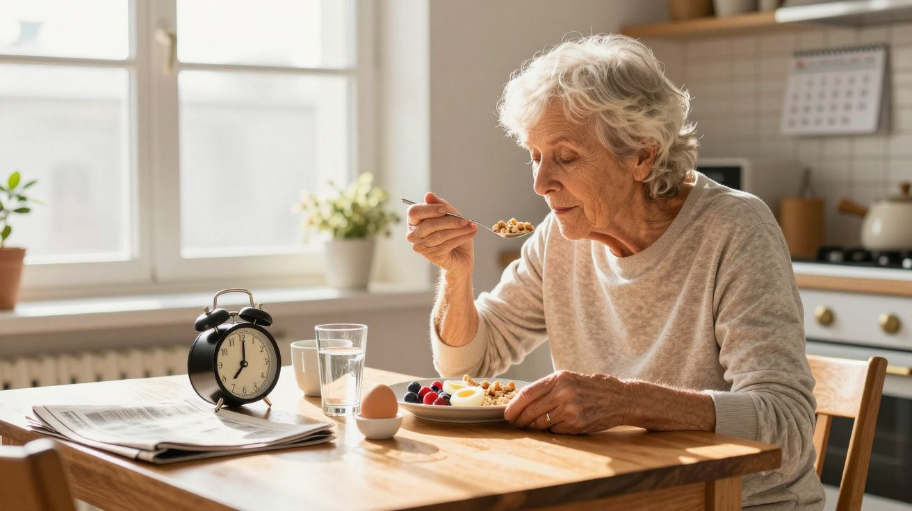 Idosa com camisa cinza comendo cereal em cozinha iluminada com janela e relógio preto na mesa de madeira.