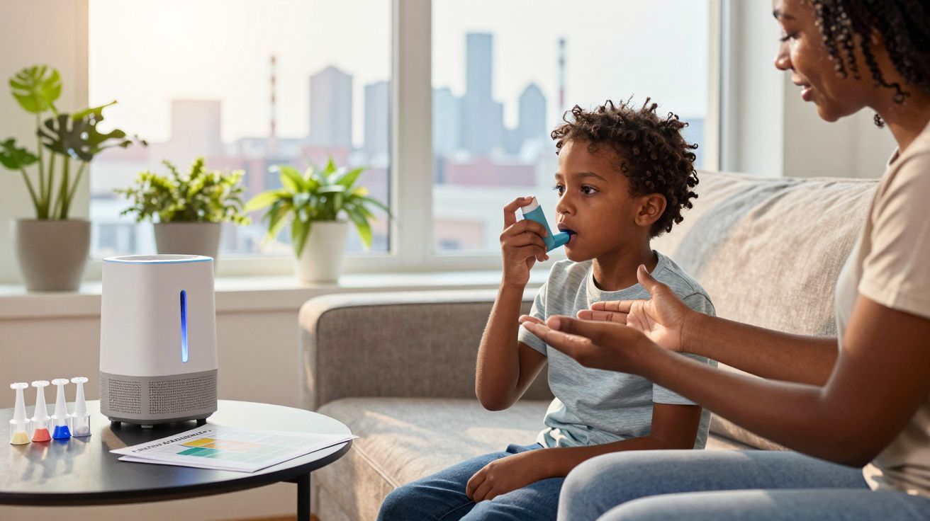 Criança usando inalador enquanto está no sofá com mulher ao lado em sala iluminada com plantas.