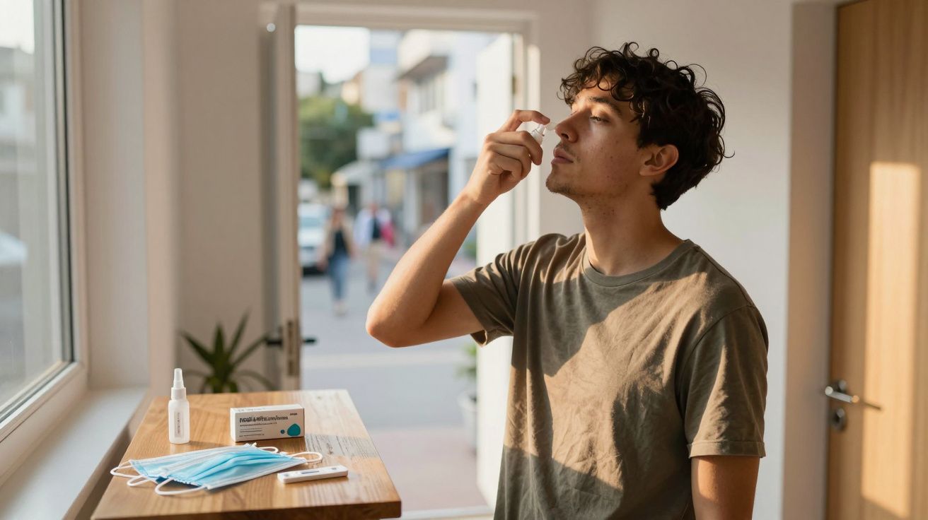 Homem aplica spray nasal em ambiente iluminado próximo a mesa com máscaras e frascos de medicamento.