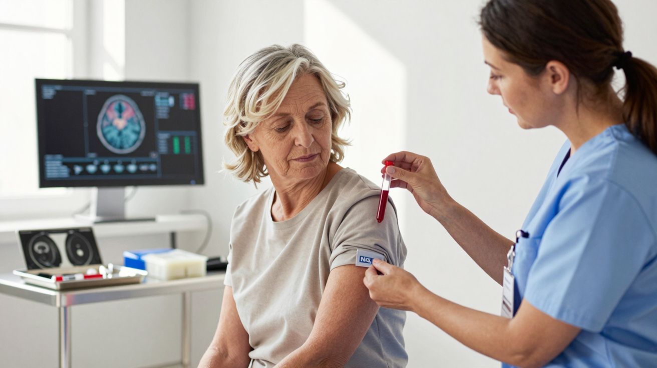 Enfermeira segurando tubo de sangue enquanto examina braço de paciente idosa em clínica médica.