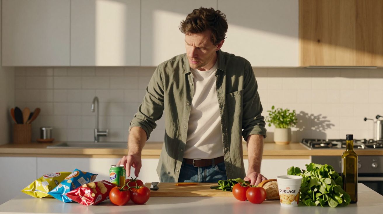 Homem preparando ingredientes frescos na cozinha, com tomates, folhas verdes e batatas fritas na bancada.