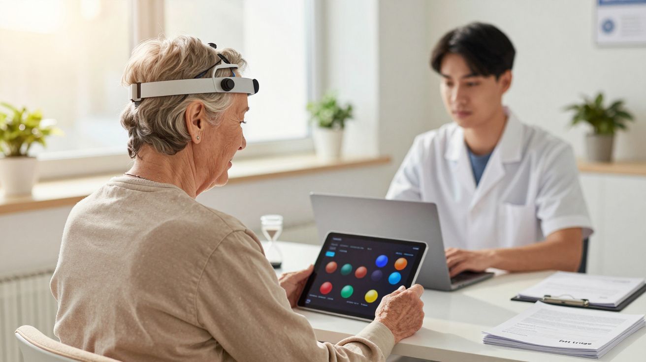 Idoso usando dispositivo de monitoramento cerebral segura tablet enquanto conversa com médico em consultório.