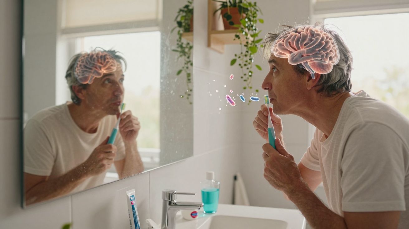 Homem escovando os dentes diante do espelho com ilustração de cérebro e bactérias visível.