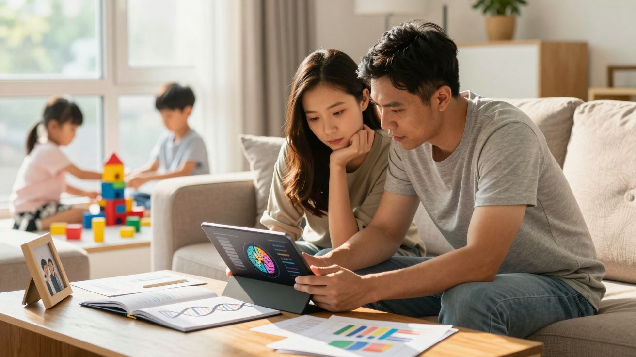 Casal jovem analisando gráficos em tablet na sala, com duas crianças brincando ao fundo.