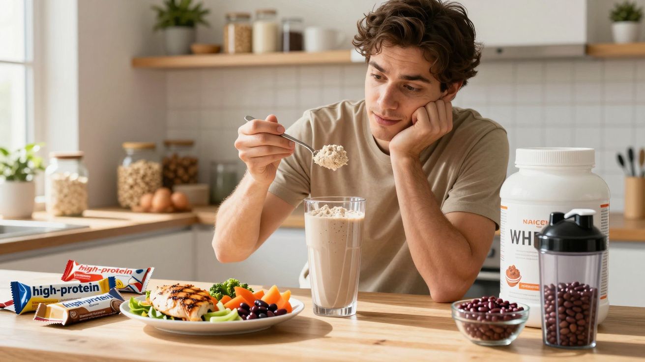 Homem sentado à mesa, segurando colher com suplemento proteico, ao lado de prato de comida e potes de suplemento.