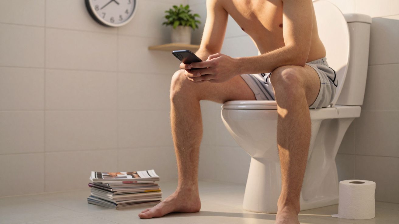Homem sentado no vaso sanitário usando celular, ao lado rolo de papel higiênico e revistas empilhadas.