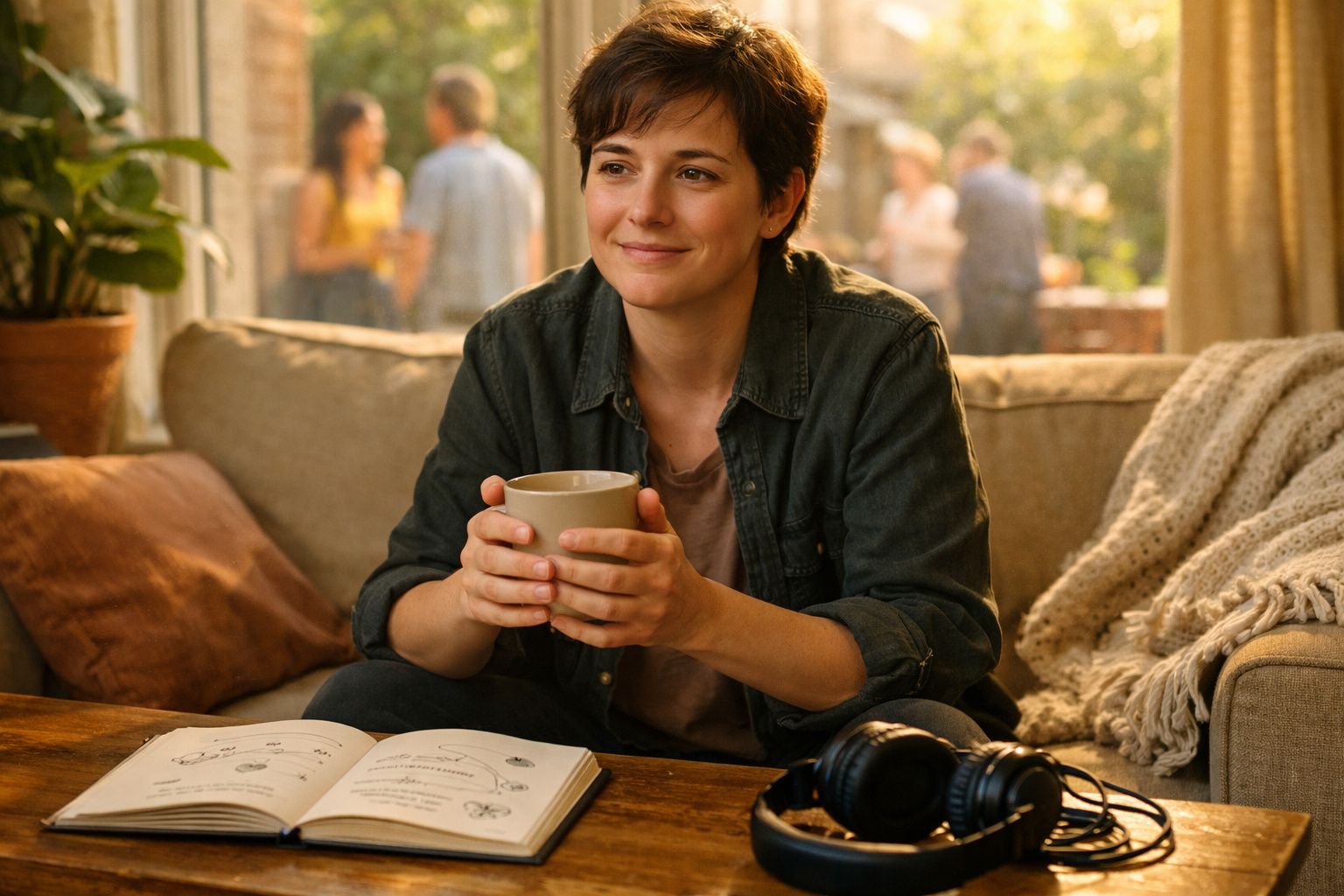 Pessoa sorridente segurando uma caneca sentada no sofá com livro aberto e fones de ouvido na mesa.