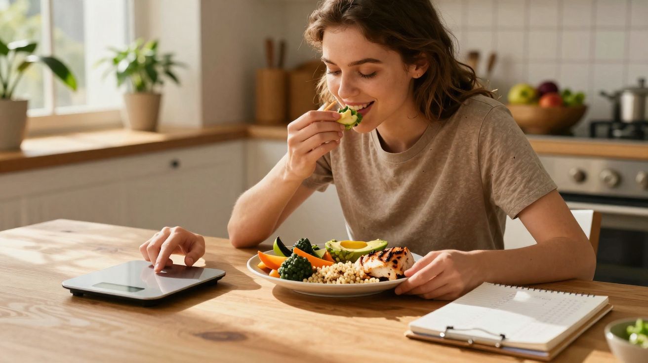 Jovem sorrindo enquanto come refeição saudável na cozinha, com balança e caderno ao lado.