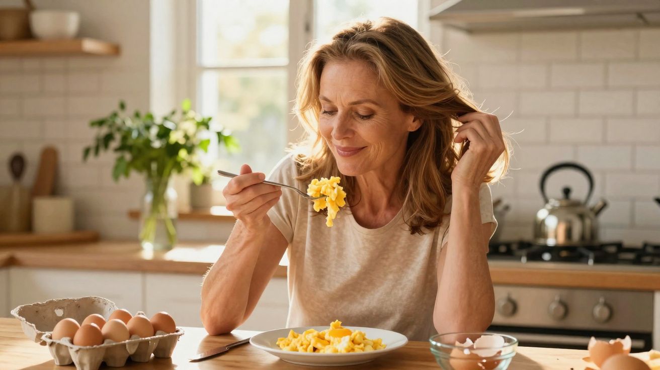 Mulher madura sorrindo comendo ovos mexidos em cozinha iluminada, com ovos crus na mesa.
