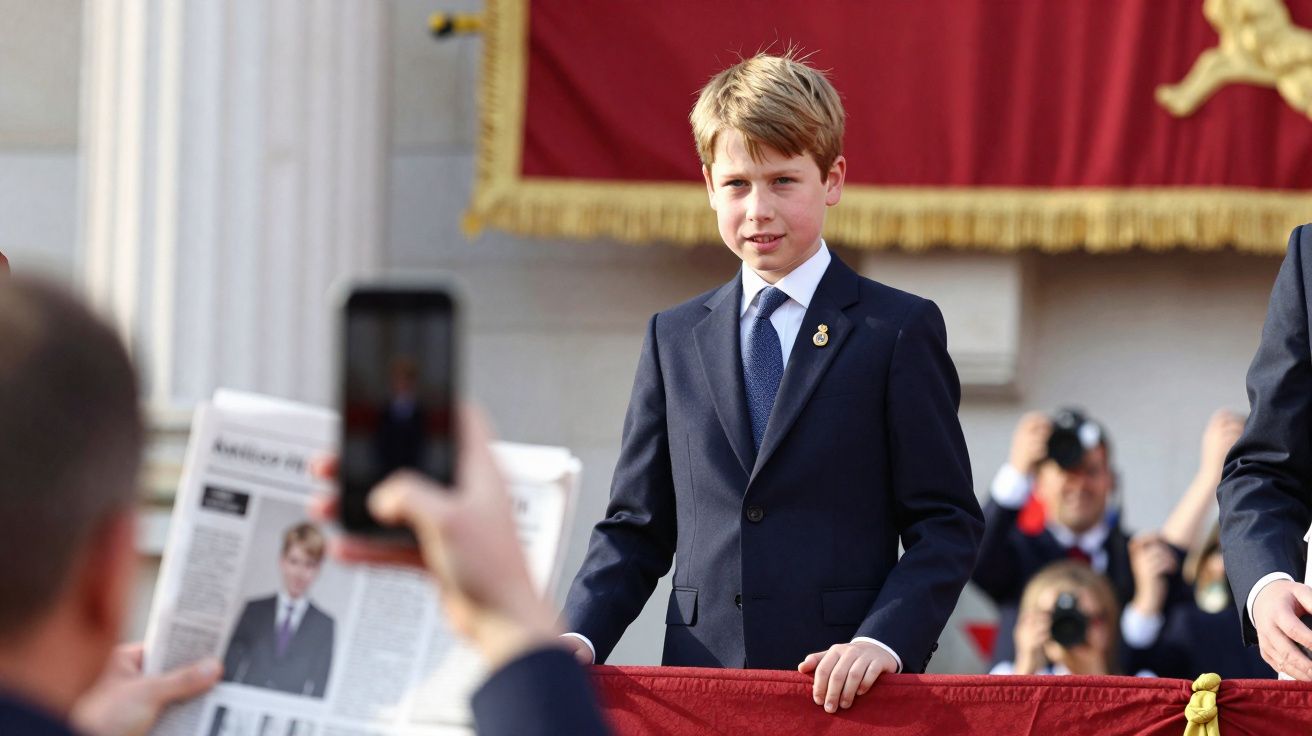Garoto loiro vestido com terno azul posando em evento oficial, enquanto é fotografado por público.