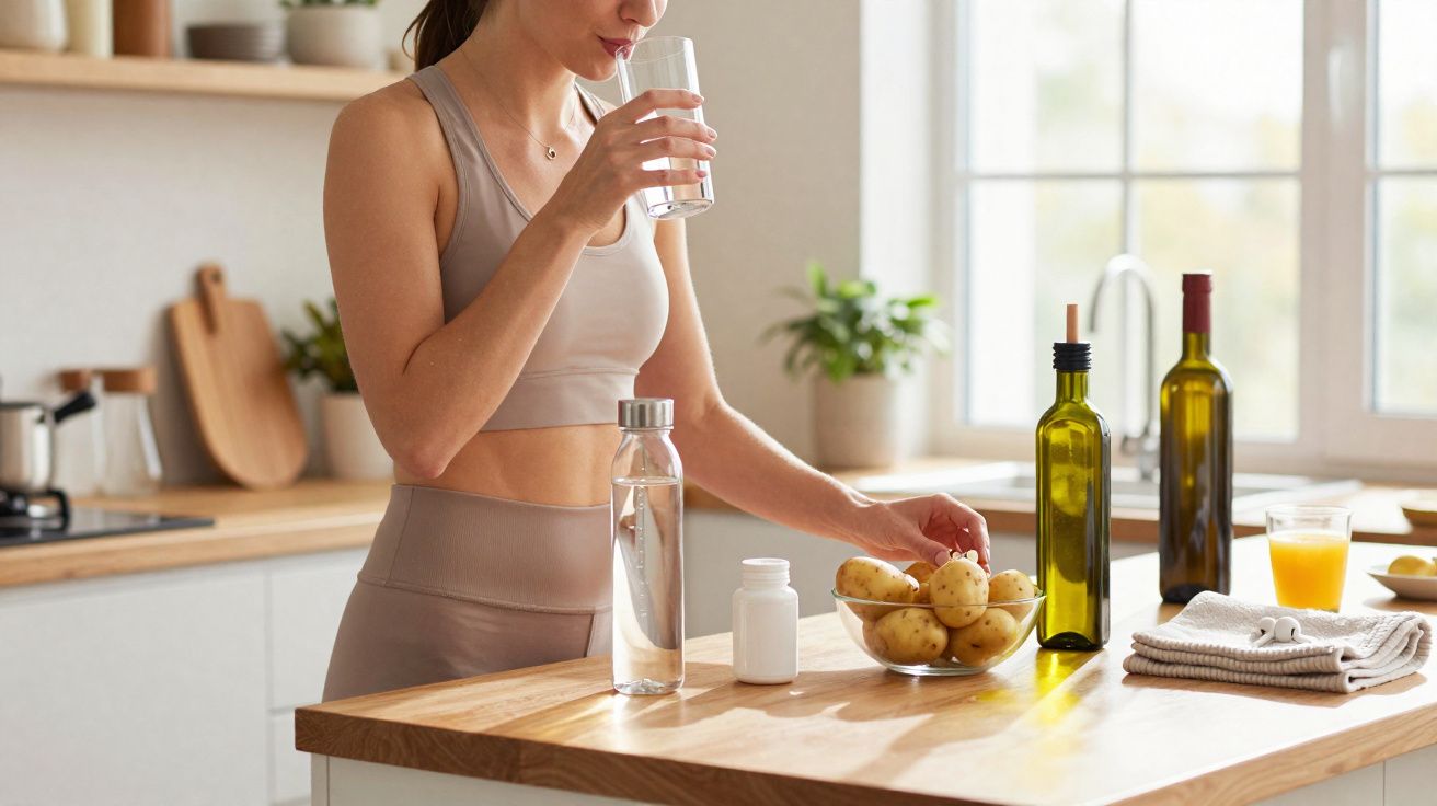 Mulher em roupa fitness bebendo água na cozinha ao lado de garrafa, potes, batatas e azeite.