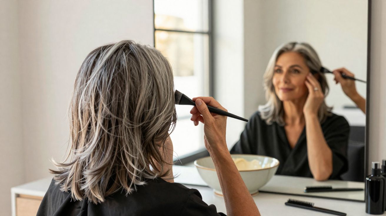Mulher madura aplicando maquiagem com pincel em frente ao espelho em ambiente claro e moderno.