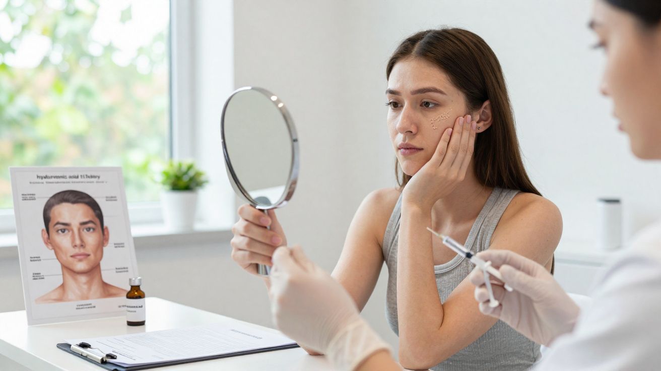 Jovem mulher observando o rosto no espelho enquanto profissional prepara seringa para aplicação facial.
