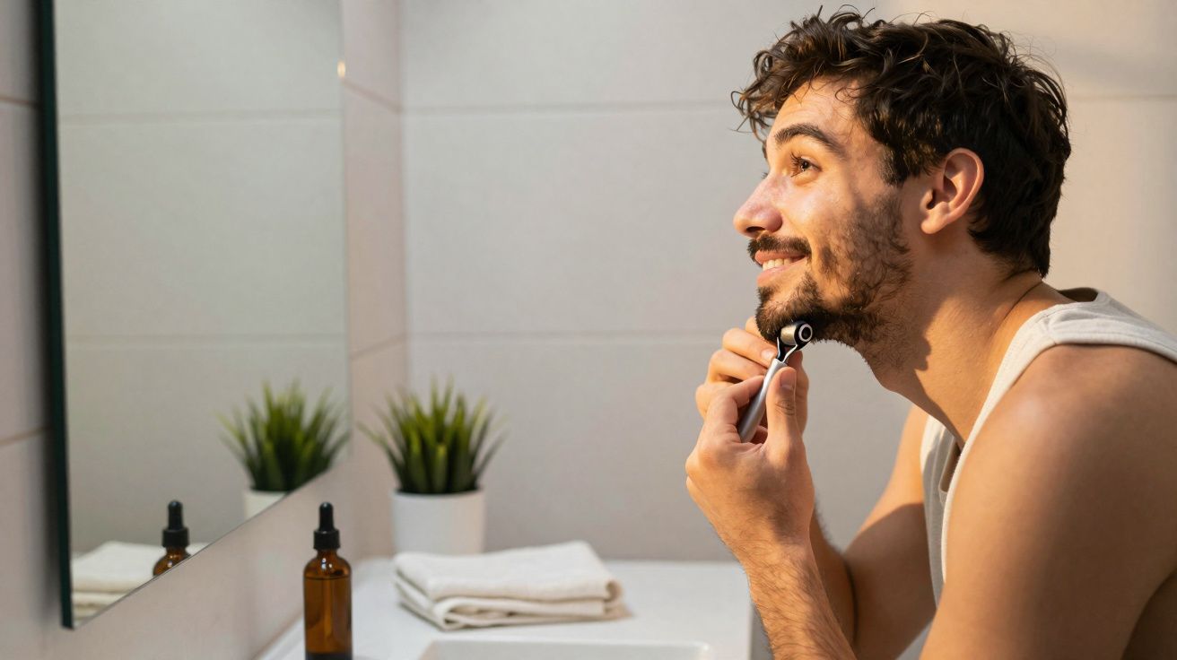 Homem sorridente barbeando o rosto com aparelho de barbear em frente ao espelho do banheiro.