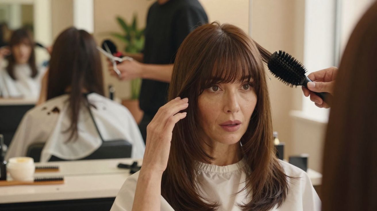 Mulher com cabelo castanho médio sendo penteada em salão de beleza, olhando no espelho.